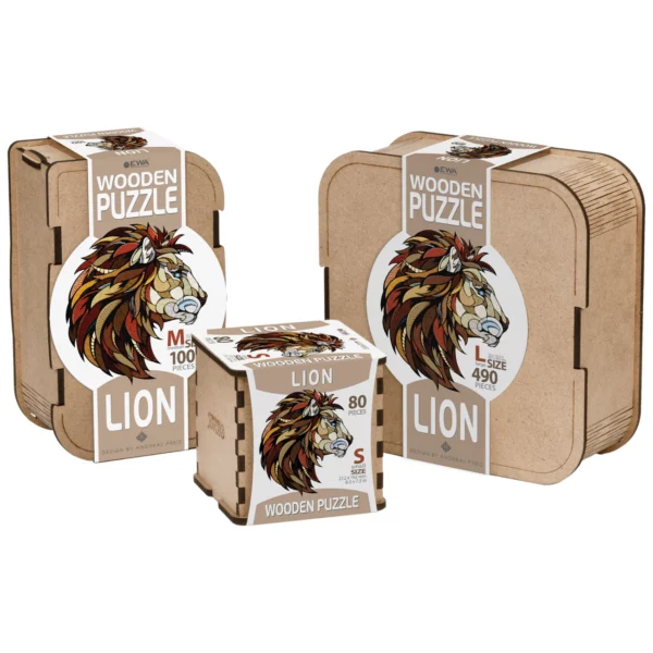 Puzzle en bois Lion - Vue complète des boîtes taille S, M et L des puzzles avec des pièces en forme d'animaux de la savane