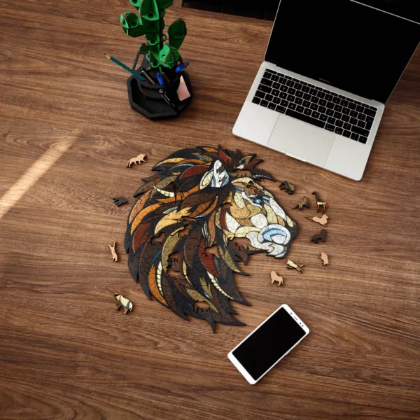 Puzzle décoratif en bois Lion - Pièces en bois illustrant des animaux africains dans le design du puzzle