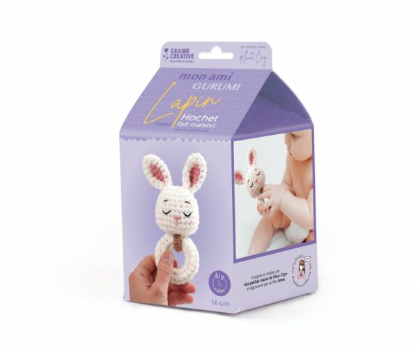 kit hochet lapin rabbit rattle boîte violette blanc amigurumi