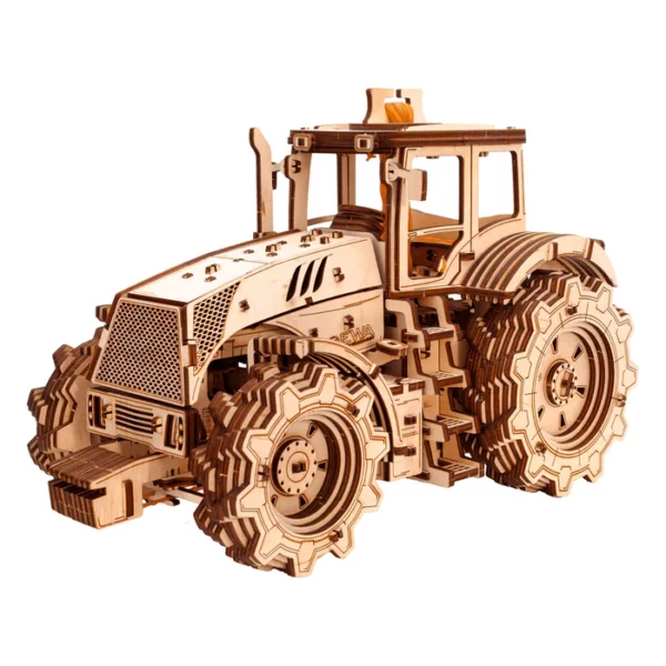 tracteur mécanique puzzle 3d en bois photo de côté sur fond blanc