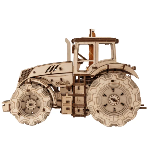 tracteur mécanique puzzle 3d en bois photo de profil sur fond blanc