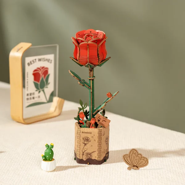 ROKR - Puzzle 3D - Rose Rouge Fleurs en bois assemblées