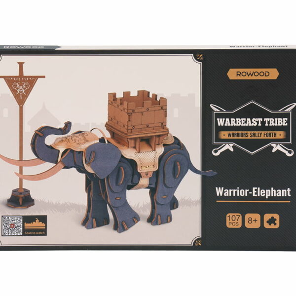 Emballage du puzzle 3D Éléphant Guerrier ROWOOD TWA02, kit DIY avec 107 pièces en bois et cuir.