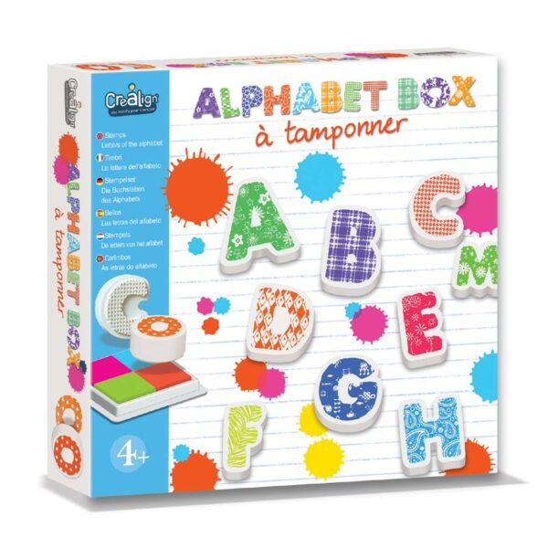 Coffret Crealign Alphabet Box avec 30 tampons lettres et un encreur 4 couleurs, idéal pour apprendre à composer des mots.