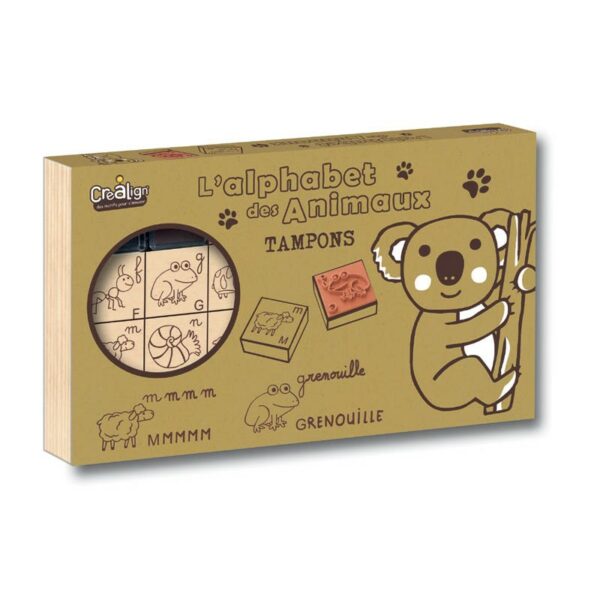 Crealign - Coffret Alphabet Animaux Tampons avec 26 tampons en bois représentant les lettres de l'alphabet et des illustrations d'animaux, ainsi que 2 encreurs colorés.