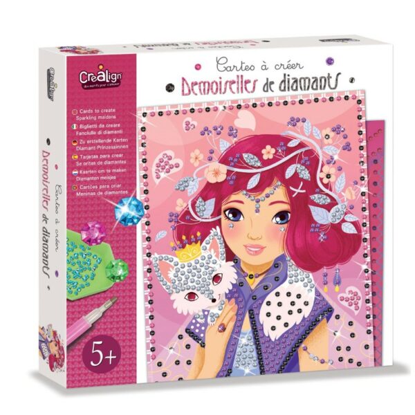 Crealign - Coffret Cartes à créer "Demoiselles de diamants" : enfants décorant des cartes avec des stylos à diamants et des brillants colorés.