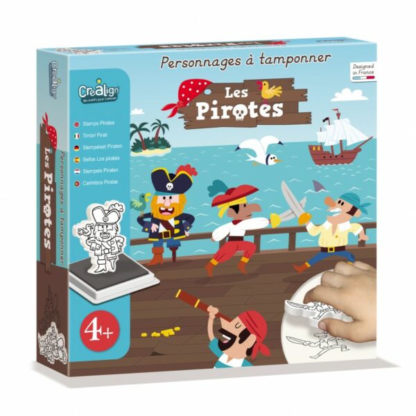 Images de tampons pirates, incluant des Crealign -Coffret Tampons Pirates personnages et accessoires de pirate, accompagnés d'un encreur lavable à l'eau.