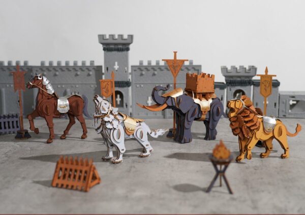 Puzzles 3D ROWOOD Lion, Cheval, Loup et Éléphant Guerriers assemblés, modèles en bois et cuir de la série Warbeast.