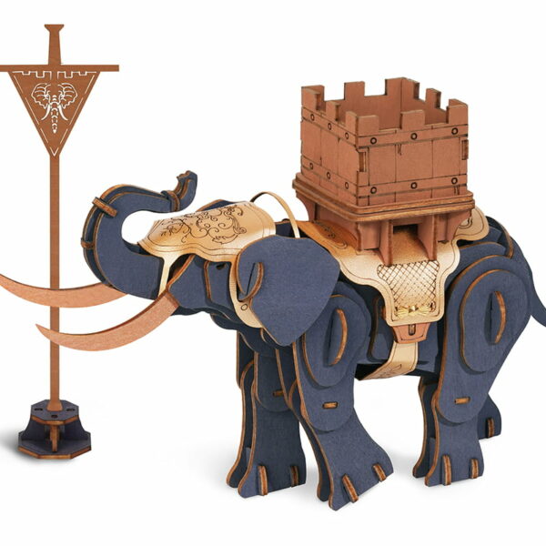 Puzzle 3D Éléphant Guerrier ROWOOD assemblé, éléphant avec accessoires en cuir