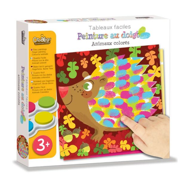 Crealign - Coffret Peinture au doigt "Animaux colorés" Enfants peignant des animaux colorés avec leurs doigts, cartes à décorer, encreurs de peinture colorée et chevalet pour exposer les œuvres.