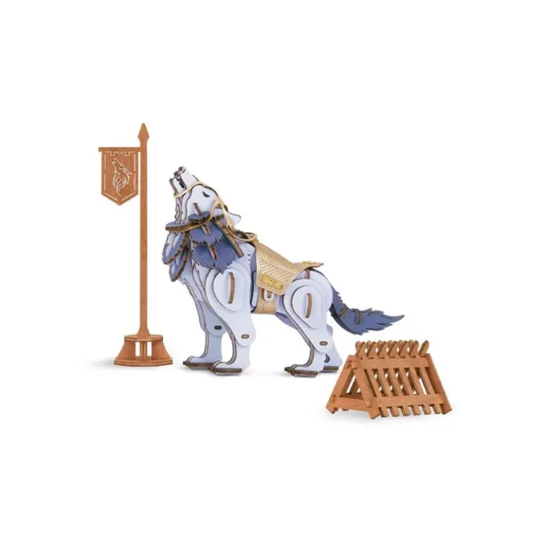 Puzzle 3D Loup Guerrier ROWOOD assemblé, loup avec armure en cuir et barrière mobile