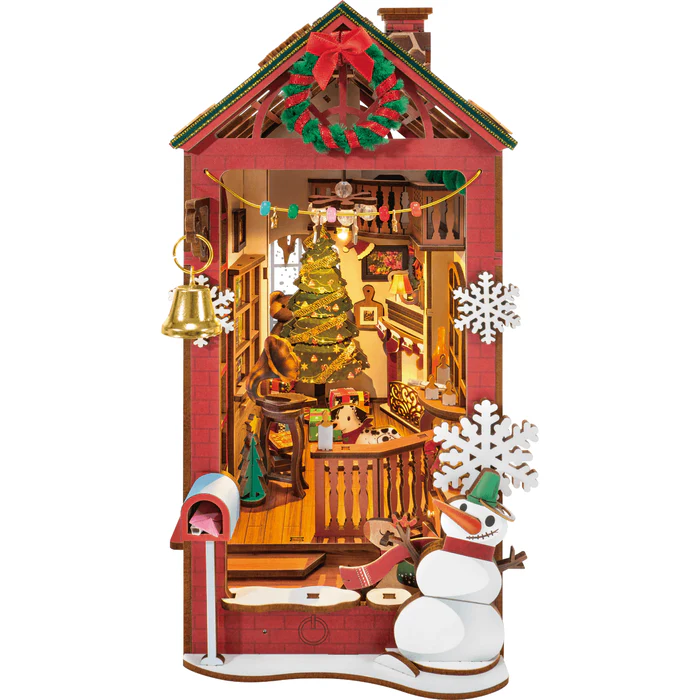 Serre-Livres DIY - Scène d'intérieur de Noël, maquette en bois 3D représentant une ambiance festive avec sapin décoré, bonhomme de neige et LED intégrées pour illuminer votre espace, book nook, christmas indoor scene
